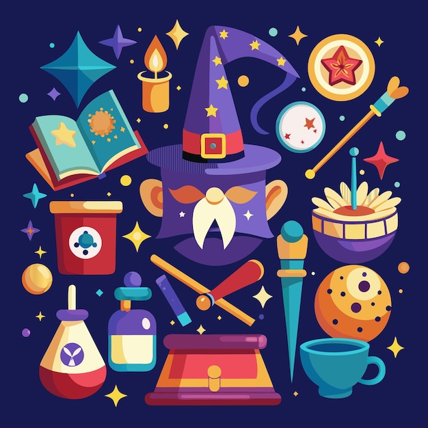 Vector a poster with a collection of things including a wizard and magic wand