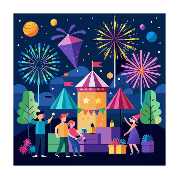 Vector a poster with a couple and a tent with fireworks in the background