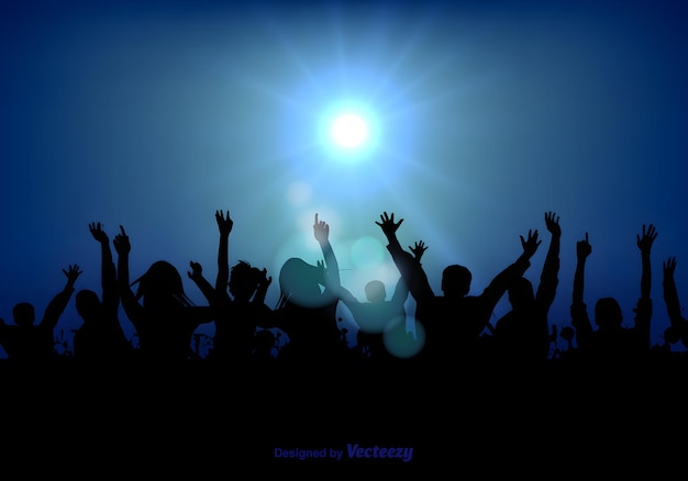 Vector a poster with a crowd of people raising their hands up in front of a sun