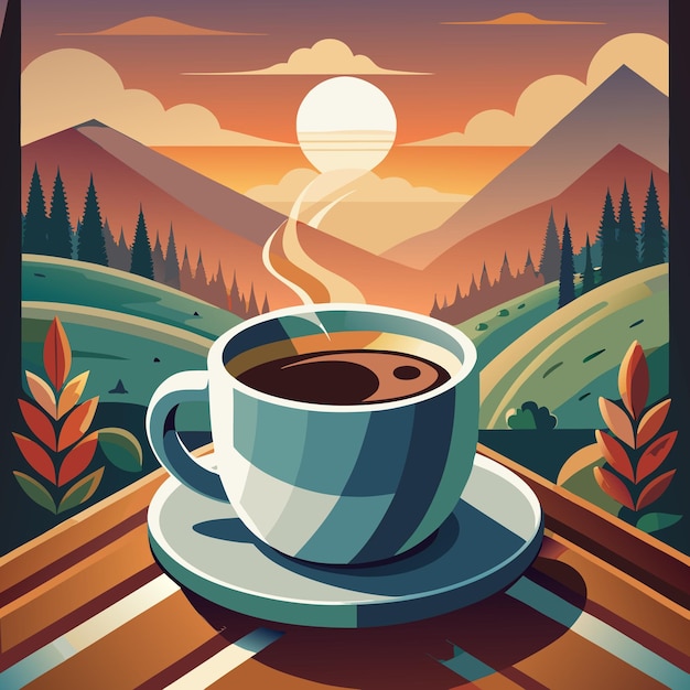 Vector a poster with a cup of coffee and a picture of a landscape