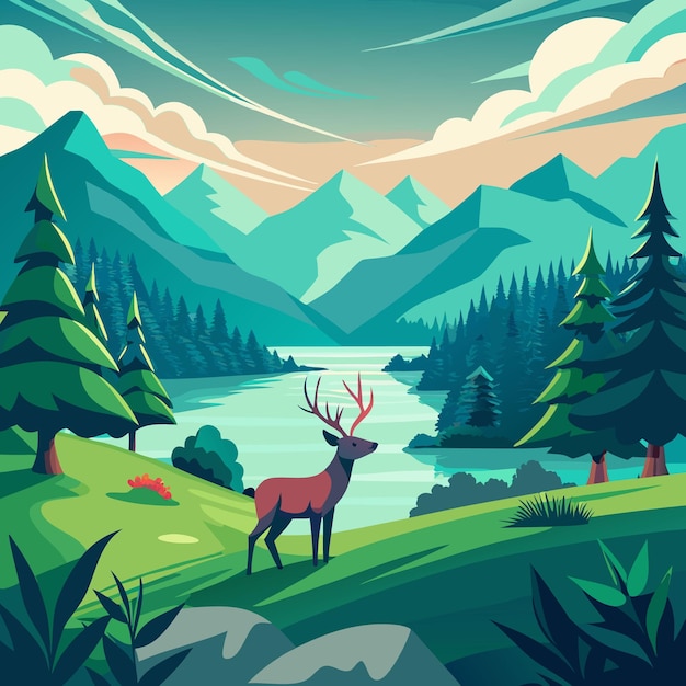 Vector a poster with a deer in the forest and mountains