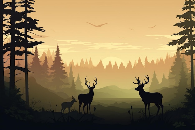 Vector a poster with deers in the forest and mountains