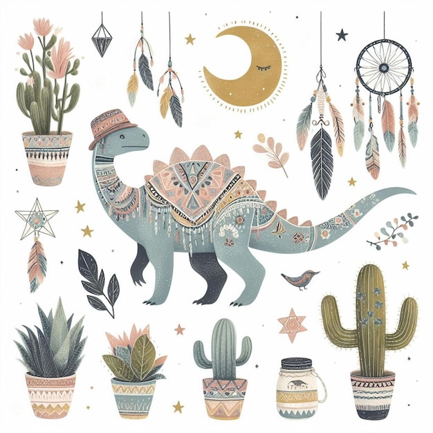 Vector a poster with a dinosaur and cactus and cactus