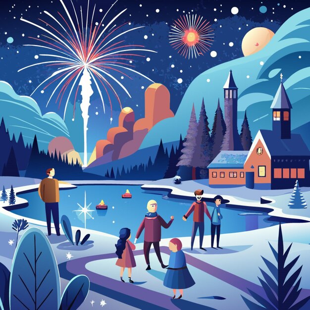 Vector a poster with a family in front of a cabin with a christmas tree and a house in the background