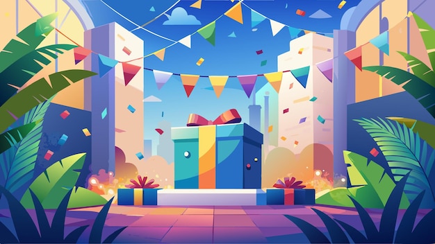 a poster with a gift box and a gift box with a colorful ribbon on it