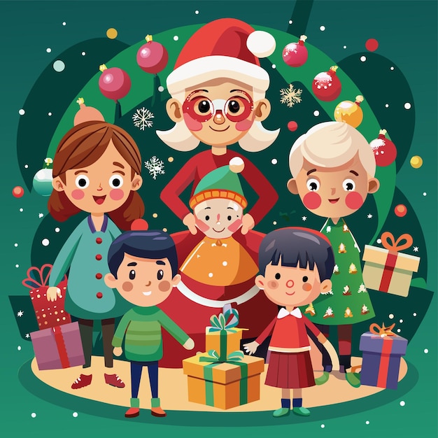 a poster with a group of people and a christmas tree with a santa hat on it