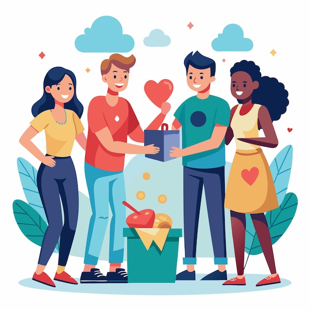 a poster with a group of people holding a box with a heart on it