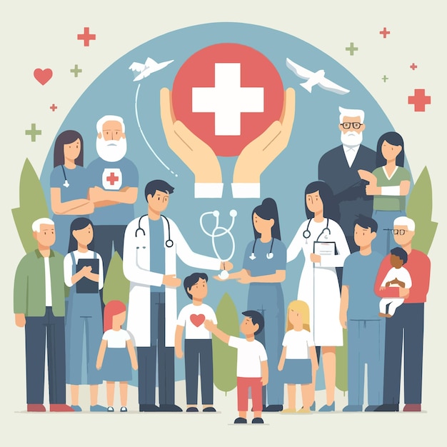 a poster with a group of people holding hands with a red cross