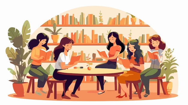 a poster with a group of women sitting around a table reading books