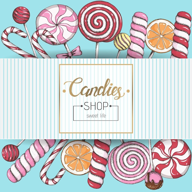 Poster with hand drawn colored lollipops on blue background Candies shop Desert design for menu advertising and banners Sketch lettering