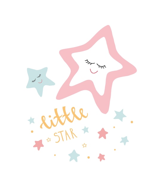 Poster with hand drawn stars and text little star Kids illustration in cartoon style on white