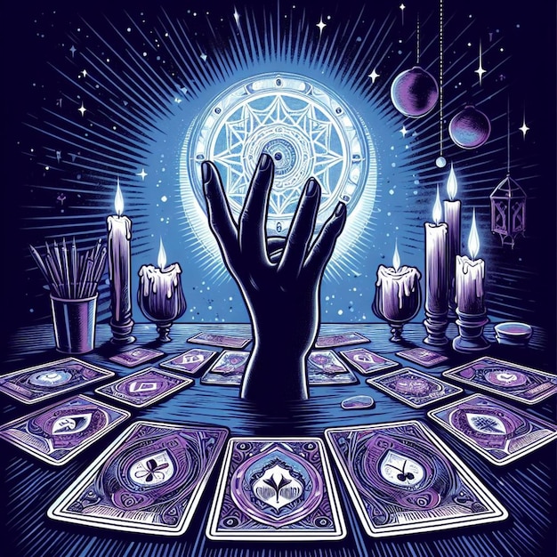 a poster with a hand reaching for a pyramid of dice and a glass ball