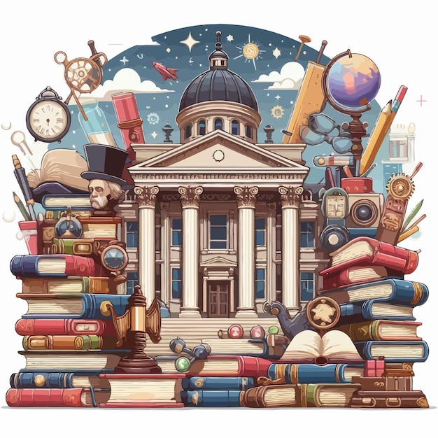 a poster with a large stack of books and a clock on it