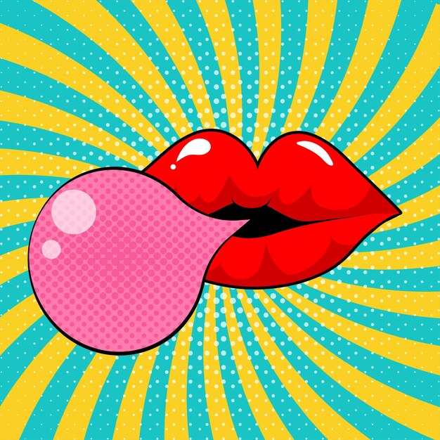 Vector poster with lips blown a bubble gum