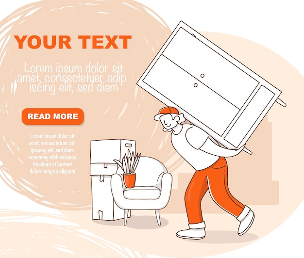 Poster with a male loader carrying a heavy cabinet and a place for your text