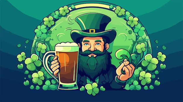 a poster with a man holding a mug of beer and a green background with clovers