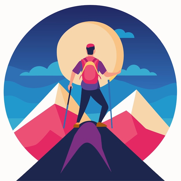 Vector a poster with a man on a mountain with the sun shining on it