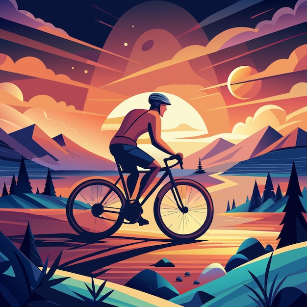 a poster with a man riding a bike in front of a mountain landscape