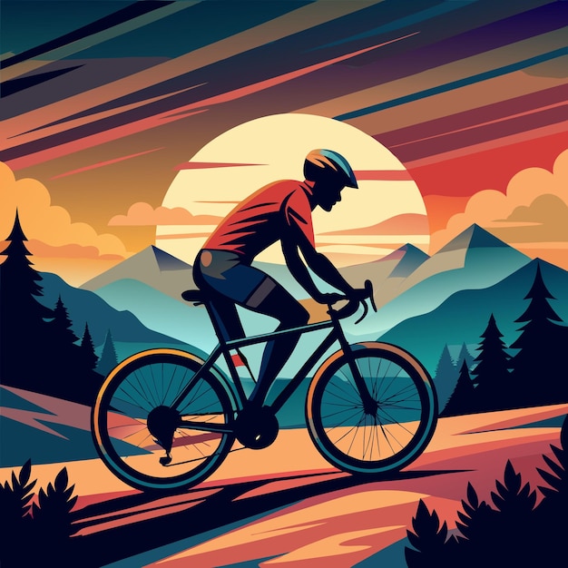 a poster with a man riding a bike in the middle of a mountain landscape