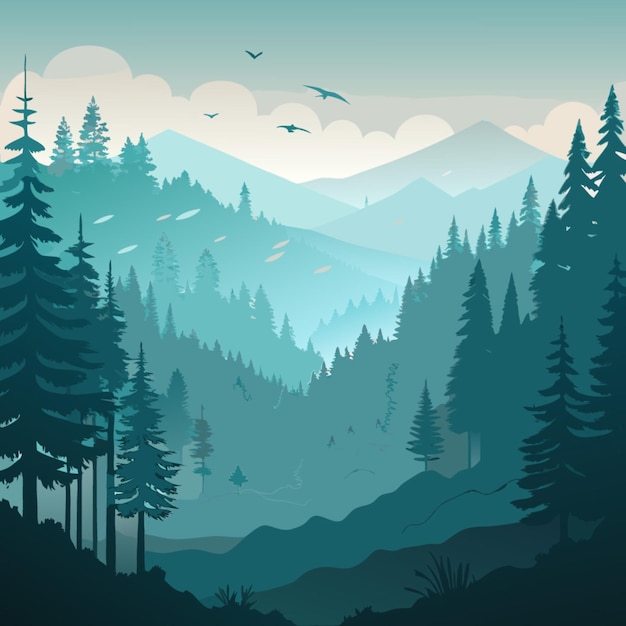 a poster with a mountain landscape and a forest with birds flying in the background