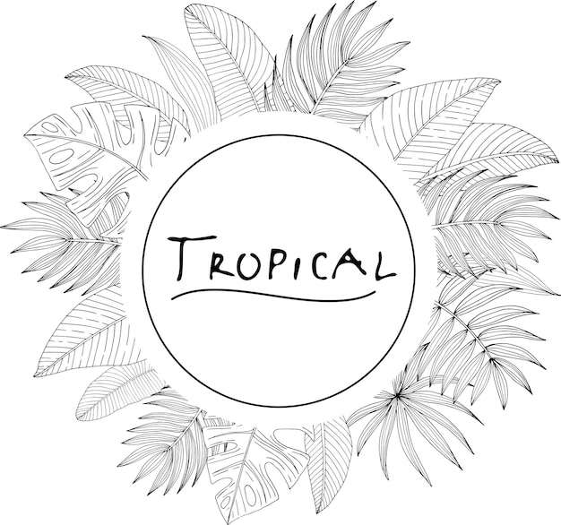 Poster with ornament round frame border hand drawn tropical or forest leaves black and white