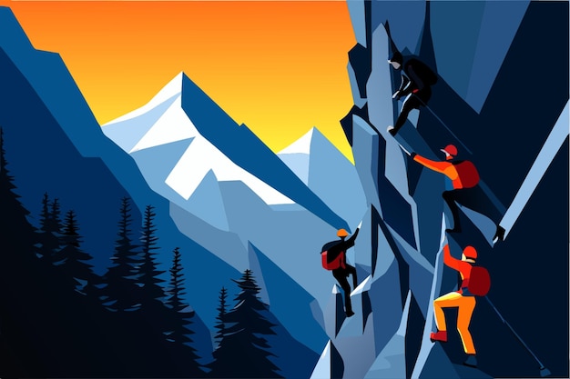 Vector a poster with people climbing a mountain with mountains in the background