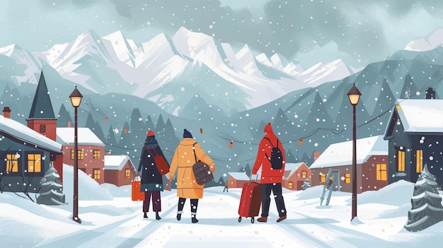 Vector a poster with people walking in the snow