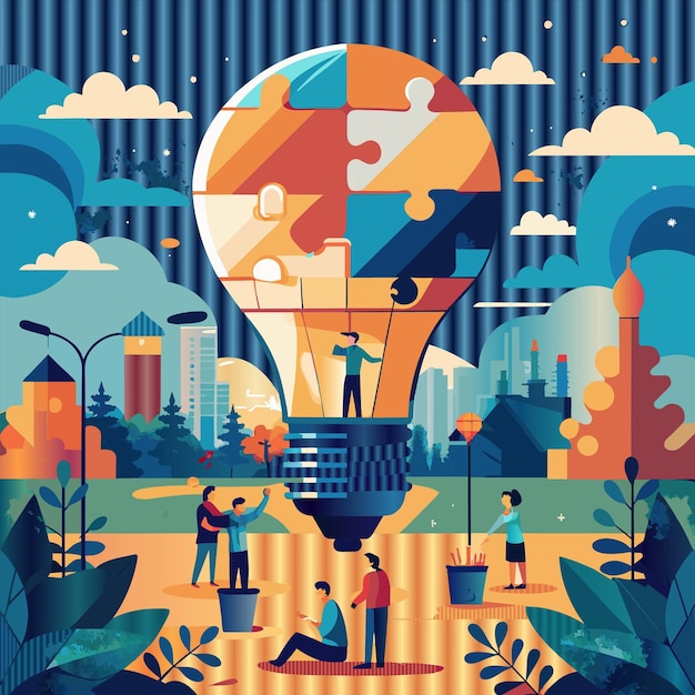 a poster with a picture of people in a park with a hot air balloon in the background