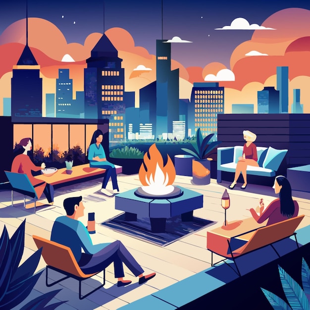 a poster with a picture of people sitting around a fire place