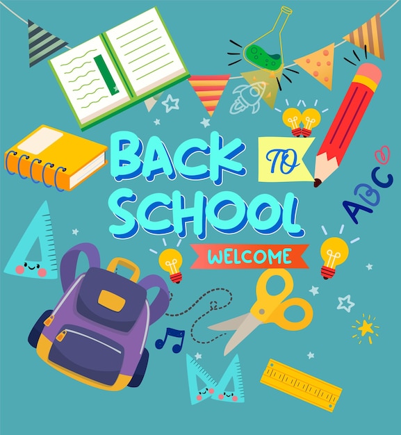 a poster with a picture of a school with a backpack and the words back to school