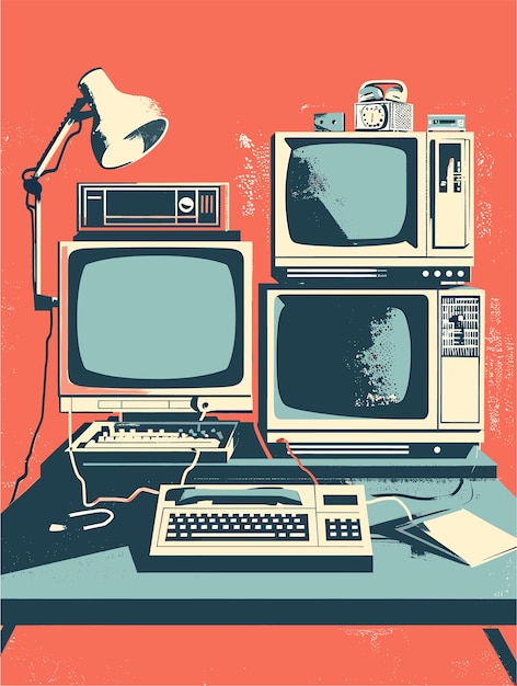 Vector a poster with a picture of a tv and a lamp with a red background