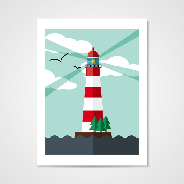 Vector poster with red beacon on island in flat style