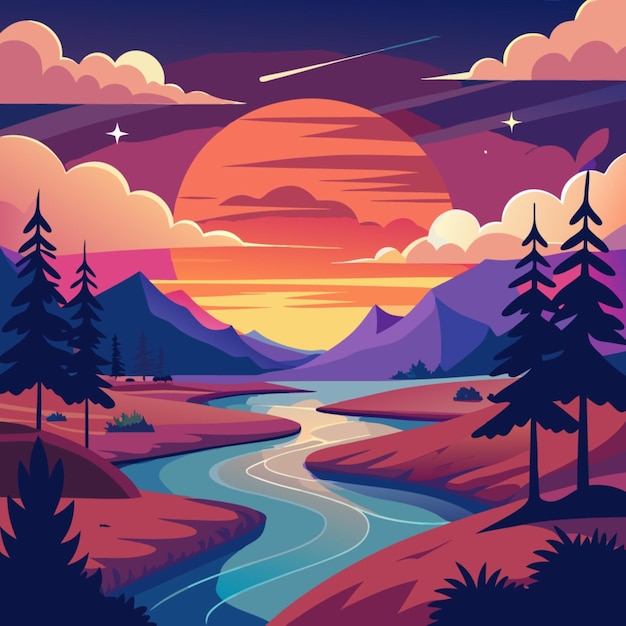 Vector a poster with a river and mountains with a sunset in the background