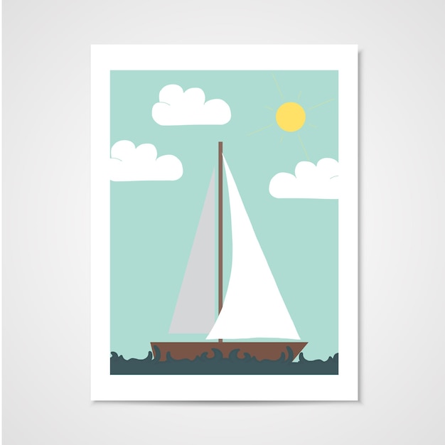 Poster with sailboat in the sea Illustration in flat style