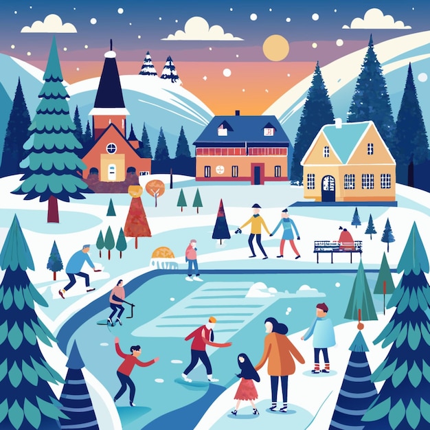 Vector a poster with a scene of people playing in the snow