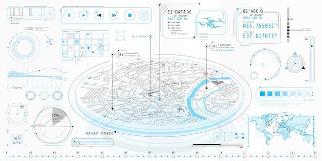 Poster with a set of futuristic HUD elements on the theme Geo-Position.