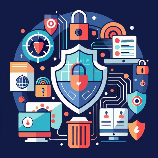 Vector a poster with a shield and a shield with a blue background with a blue background with a padlock and a padlock