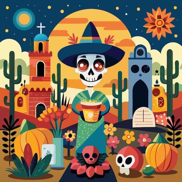 a poster with a skull and other decorations including a witch