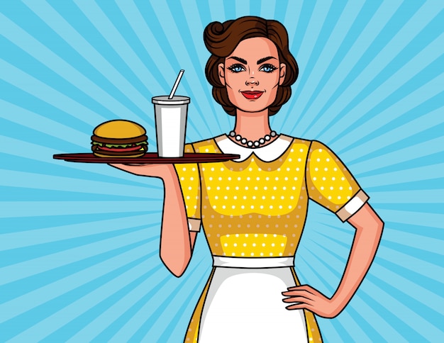 Poster with smiling woman in apron with burger and cola