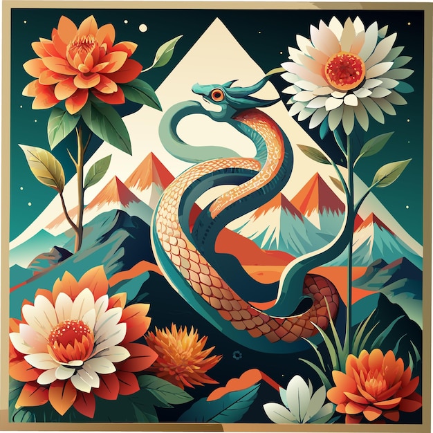 a poster with a snake and flowers and a dragon