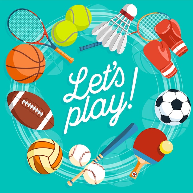 Poster with sport and gaming equipment Vector illustration of healthy lifestyle tools and elements