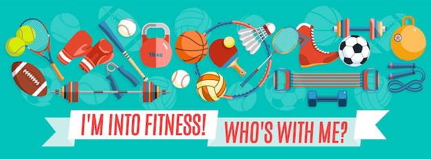 Poster with sport and gaming equipment Vector illustration of healthy lifestyle tools and elements