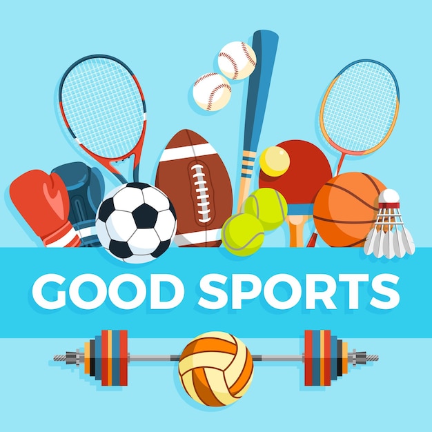 Poster with sport and gaming equipment Vector illustration of healthy lifestyle tools and elements