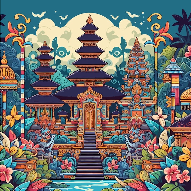 Vector a poster with a temple and a bridge with a temple in the background