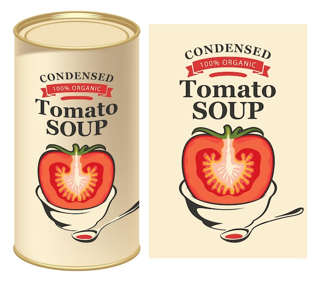 Vector poster with tin can and label for tomato soup