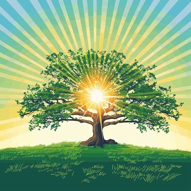 Vector a poster with a tree and the sun in the background