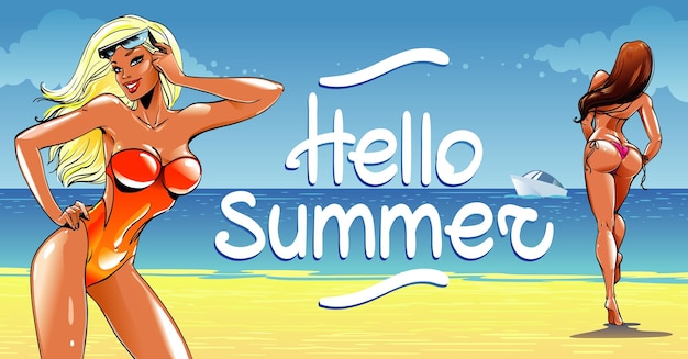 a poster with a woman on the beach and the words hello summer