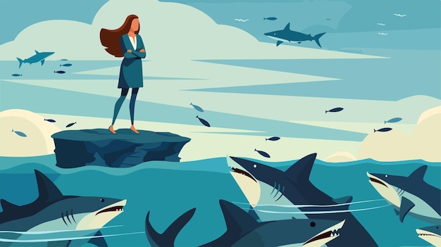 Vector a poster with a woman standing on a rock and sharks in the background