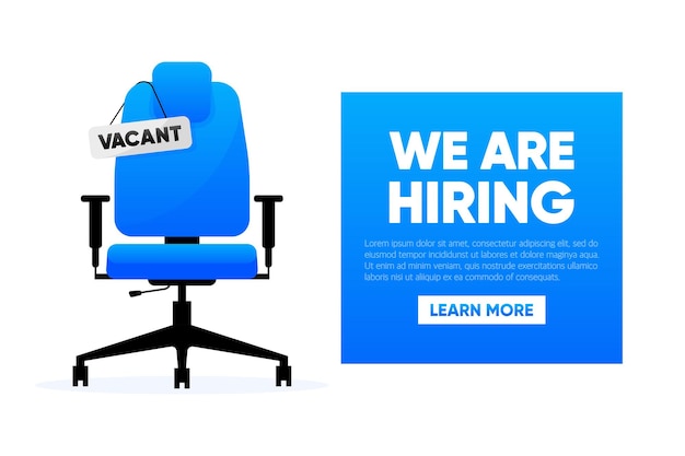 Poster witn Office chair with a sign Vacant We are Hiring Open Vacancy Hiring and Recruiting concept Vector illustration