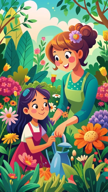 a poster of a woman and a child watering flowers with a girl watering a watering can